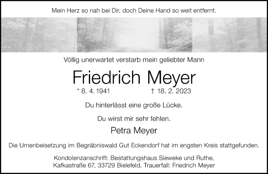 Traueranzeige von Friedrich Meyer von Neue Westfälische