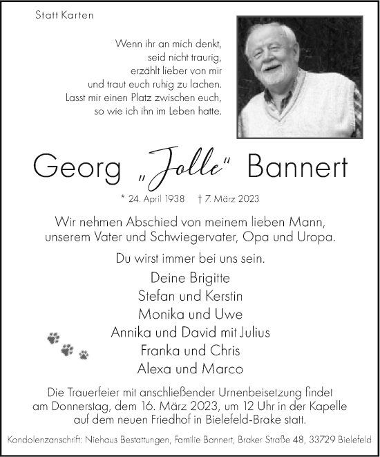 Traueranzeige von Georg Bannert von Neue Westfälische