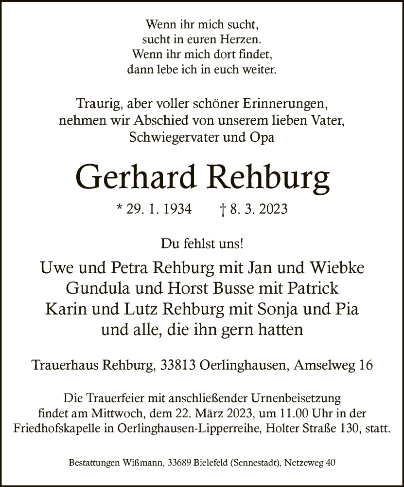  Traueranzeige für Gerhard Rehburg vom 11.03.2023 aus Neue Westfälische