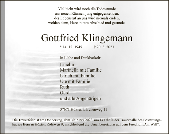 Traueranzeige von Gottfried Klingemann von Neue Westfälische