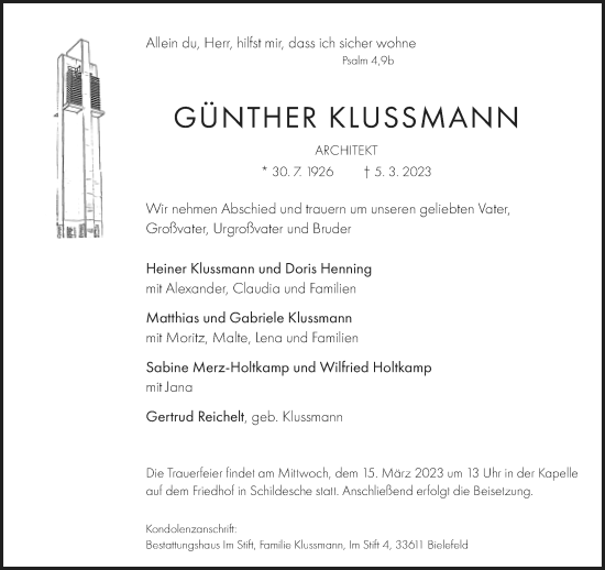 Traueranzeige von Günther Klussmann von Neue Westfälische