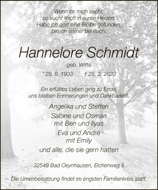 Traueranzeige von Hannelore Schmidt von Neue Westfälische