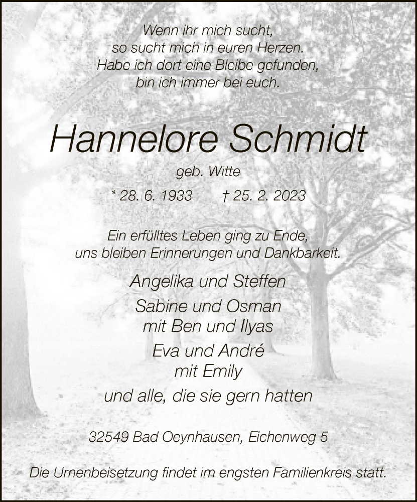  Traueranzeige für Hannelore Schmidt vom 04.03.2023 aus Neue Westfälische