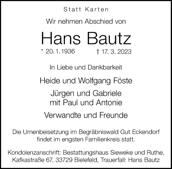 Traueranzeige von Hans Bautz von Neue Westfälische
