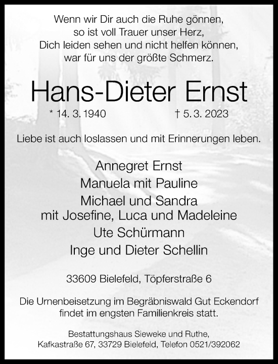 Traueranzeige von Hans-Dieter Ernst von Neue Westfälische