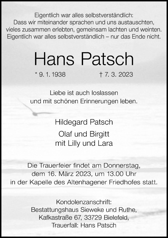 Traueranzeige von Hans Patsch von Neue Westfälische