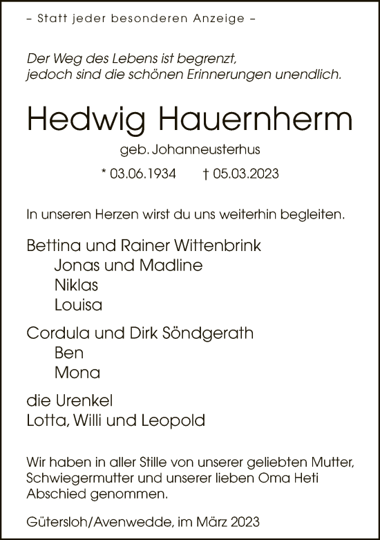 Traueranzeige von Hedwig Hauernherm von Neue Westfälische