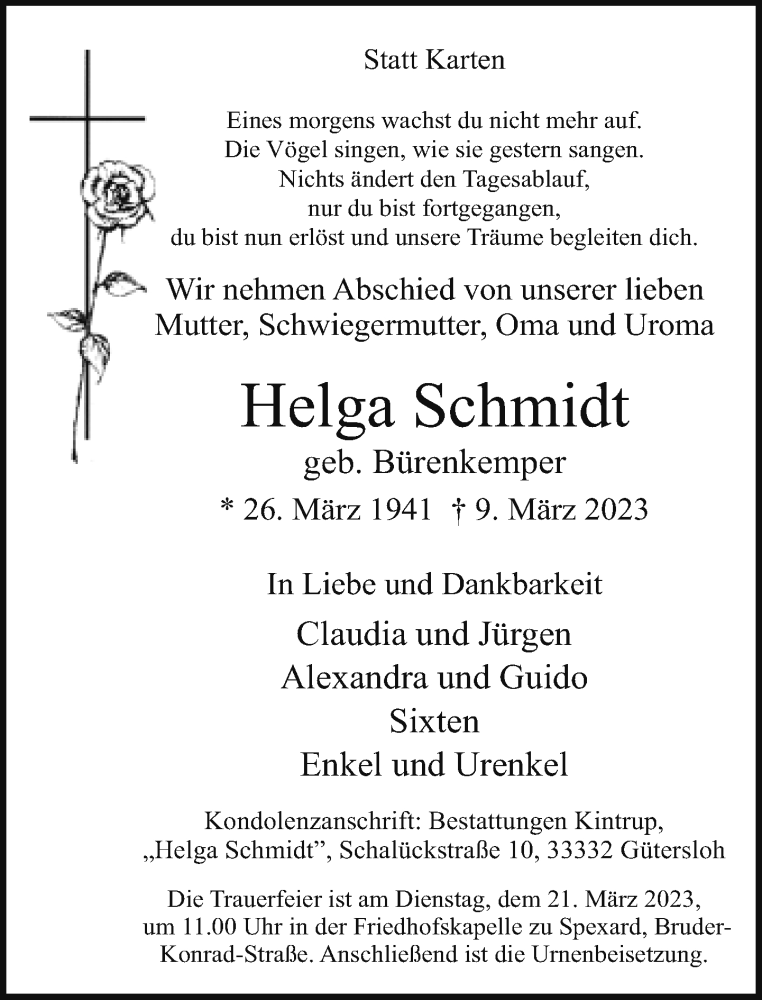  Traueranzeige für Helga Schmidt vom 11.03.2023 aus Neue Westfälische