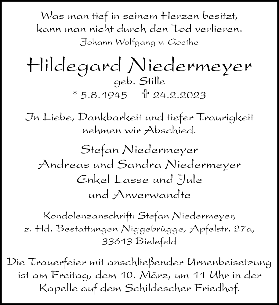  Traueranzeige für Hildegard Niedermeyer vom 07.03.2023 aus Neue Westfälische