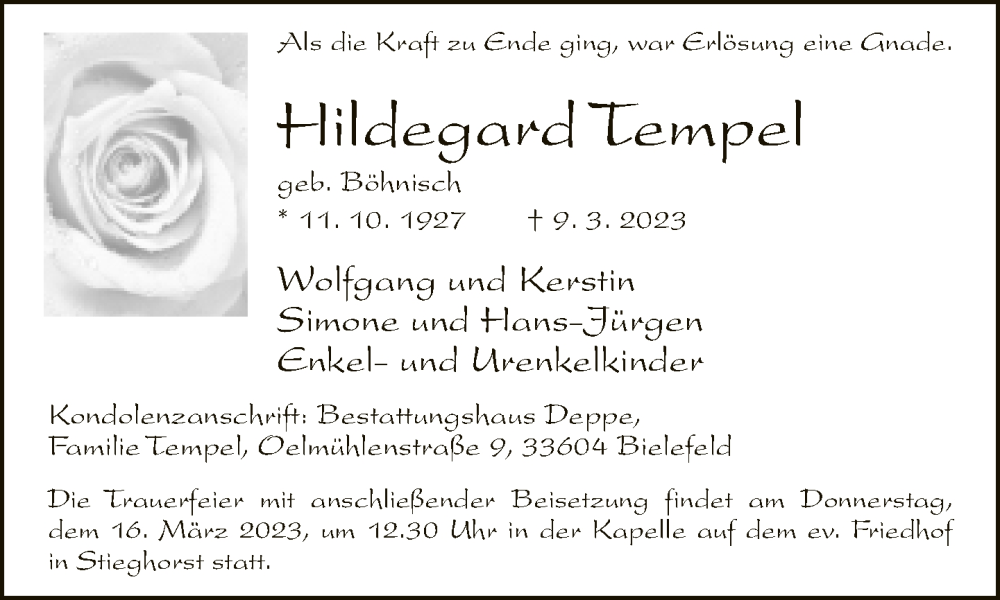  Traueranzeige für Hildegard Tempel vom 11.03.2023 aus Neue Westfälische