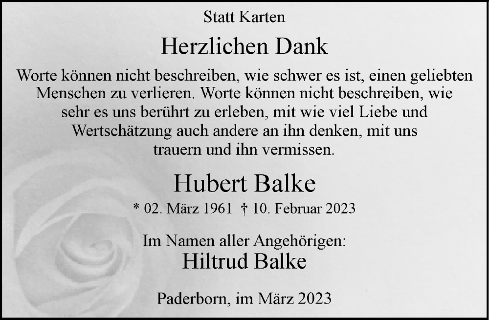  Traueranzeige für Hubert Balke vom 18.03.2023 aus Neue Westfälische