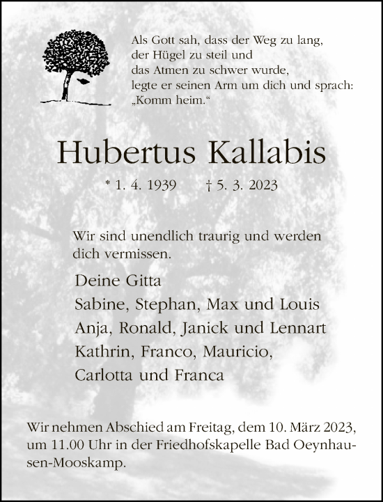 Traueranzeige von Hubertus Kallabis von Neue Westfälische
