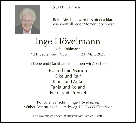 Traueranzeige von Inge Hövelmann von Neue Westfälische