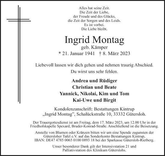 Traueranzeige von Ingrid Montag von Neue Westfälische