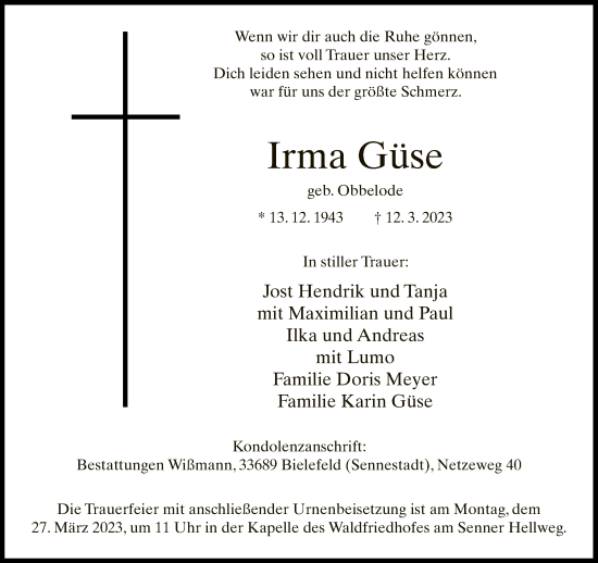 Traueranzeige von Irma Güse von Neue Westfälische