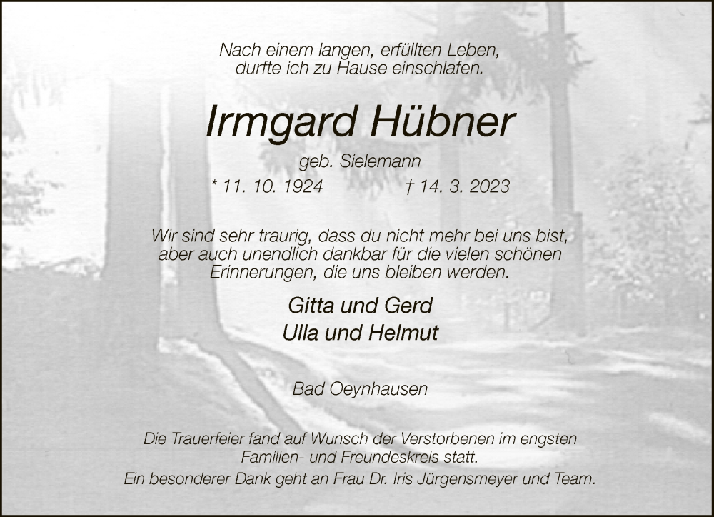  Traueranzeige für Irmgard Hübner vom 25.03.2023 aus Neue Westfälische