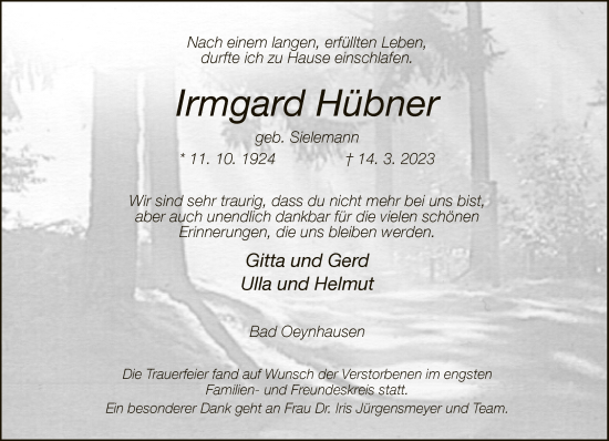 Traueranzeige von Irmgard Hübner von Neue Westfälische