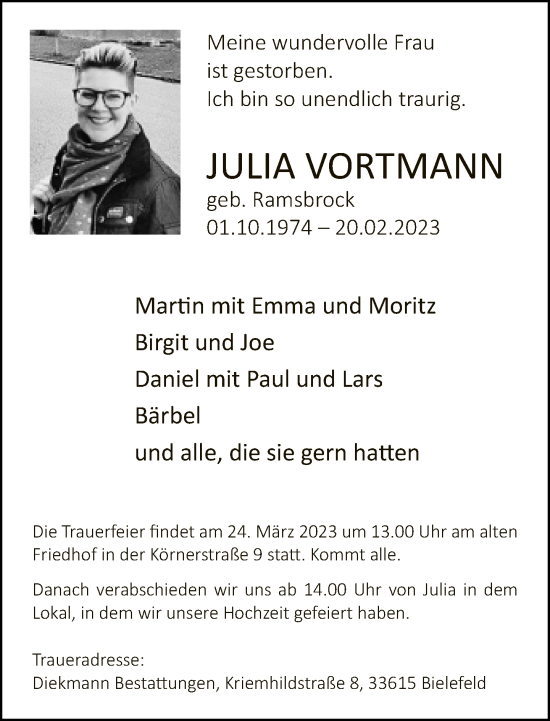 Traueranzeige von Julia Vortmann von Neue Westfälische