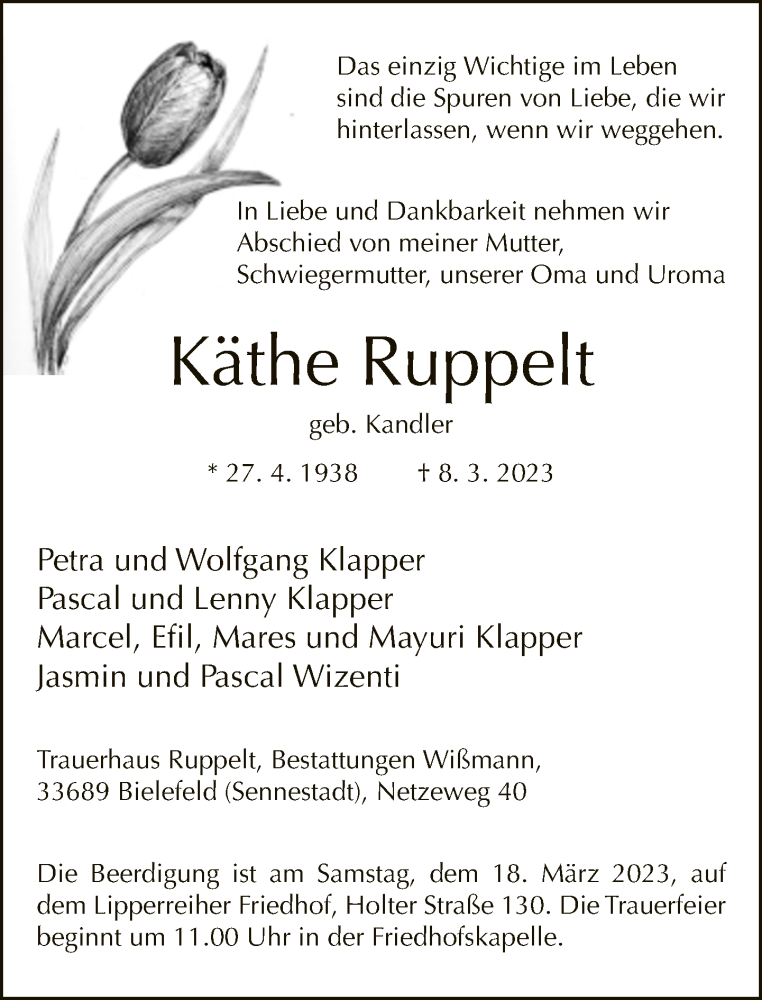  Traueranzeige für Käthe Ruppelt vom 11.03.2023 aus Neue Westfälische