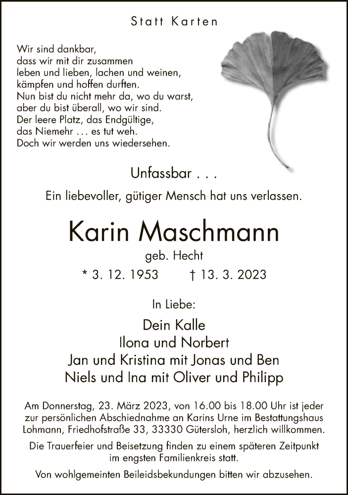  Traueranzeige für Karin Maschmann vom 18.03.2023 aus Neue Westfälische