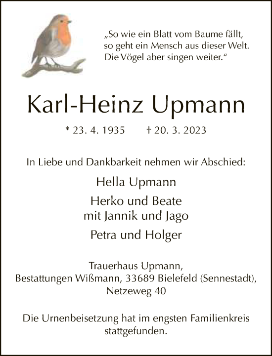 Traueranzeige von Karl-Heinz Upmann von Neue Westfälische