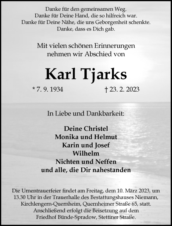 Traueranzeige von Karl Tjarks von Neue Westfälische