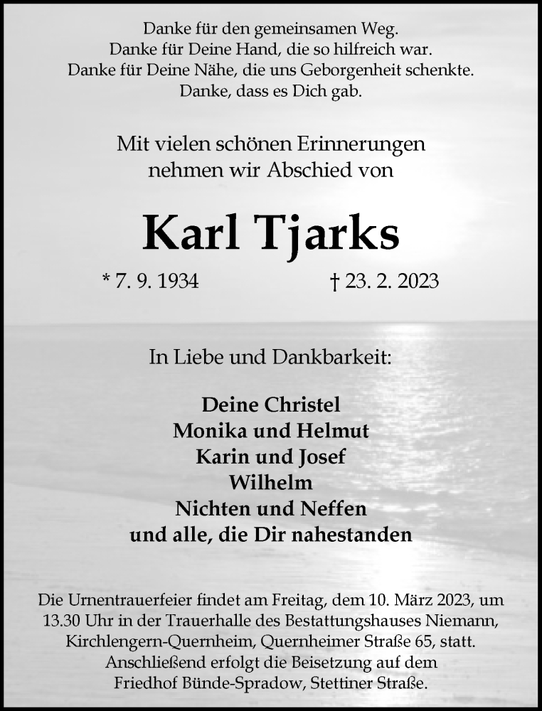  Traueranzeige für Karl Tjarks vom 08.03.2023 aus Neue Westfälische