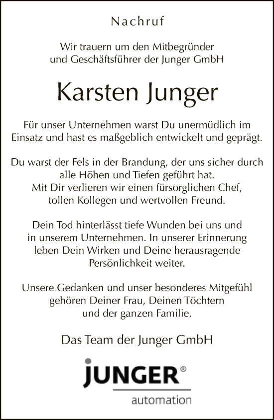 Traueranzeige von Karsten Junger von Neue Westfälische