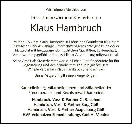 Traueranzeige von Klaus Hambruch von Neue Westfälische