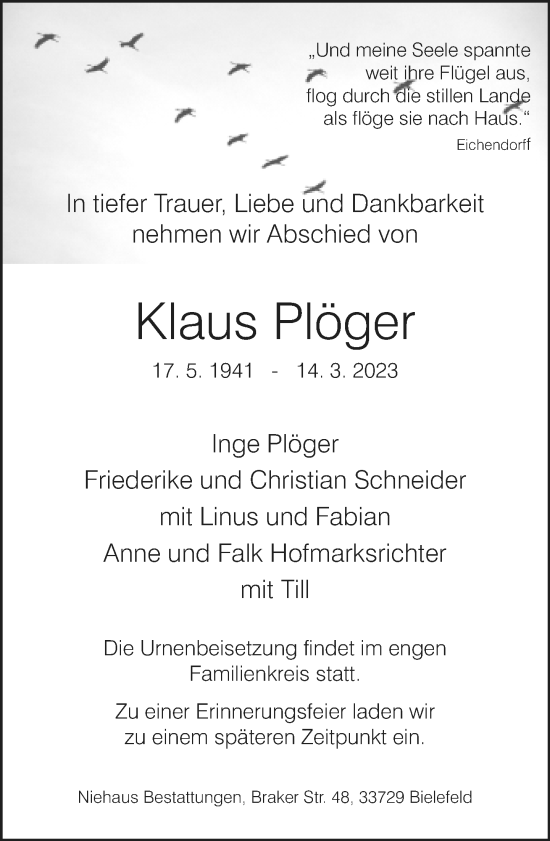 Traueranzeige von Klaus Plöger von Neue Westfälische