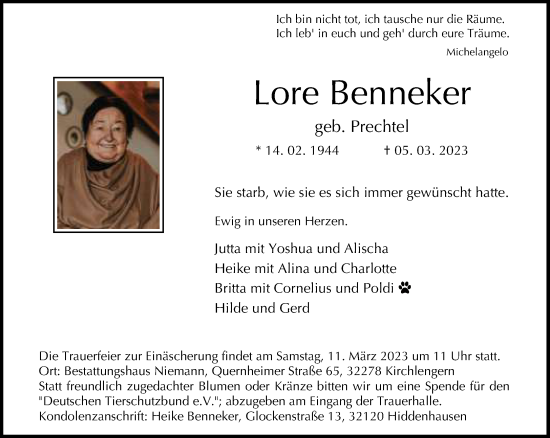 Traueranzeige von Lore Benneker von Neue Westfälische