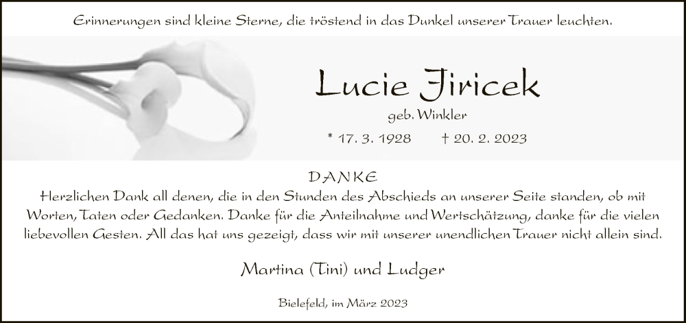  Traueranzeige für Lucie Jiricek vom 22.03.2023 aus Neue Westfälische