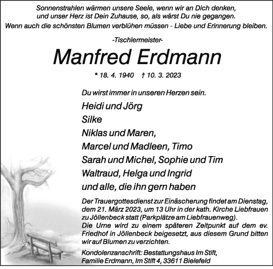 Traueranzeige von Manfred Erdmann von Neue Westfälische