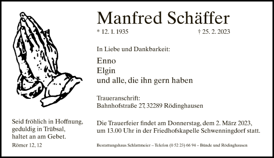 Traueranzeige von Manfred Schäffer von Neue Westfälische