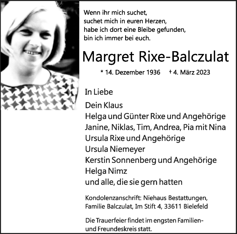  Traueranzeige für Margret Rixe-Balczulat vom 11.03.2023 aus Neue Westfälische