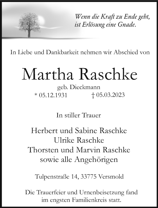 Traueranzeige von Martha Raschke von Neue Westfälische