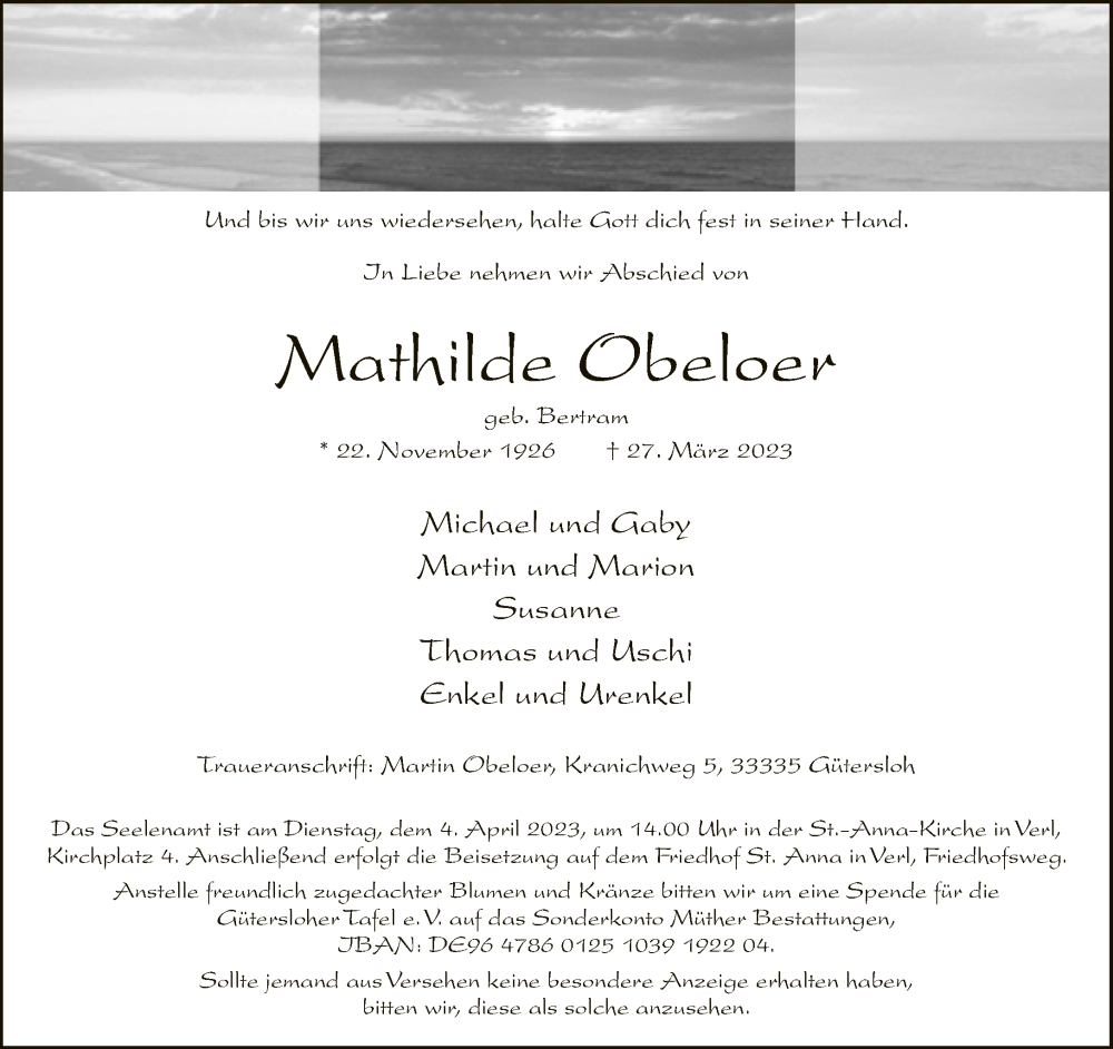  Traueranzeige für Mathilde Obeloer vom 31.03.2023 aus Neue Westfälische