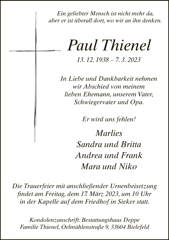  Traueranzeige für Paul Thienel vom 11.03.2023 aus Neue Westfälische