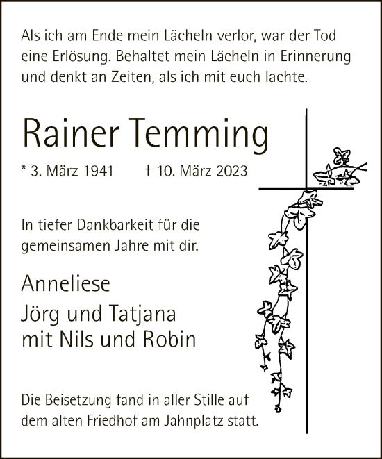 Traueranzeige von Rainer Temming von Neue Westfälische