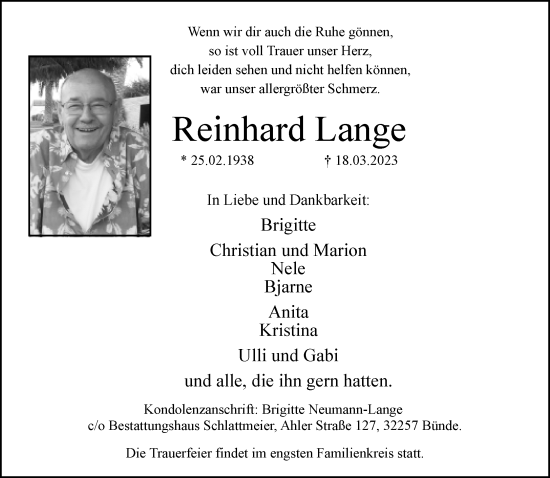 Traueranzeige von Reinhard Lange von Neue Westfälische