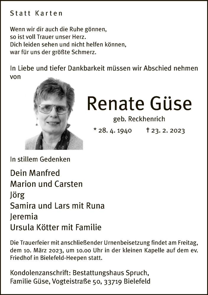  Traueranzeige für Renate Güse vom 04.03.2023 aus Neue Westfälische