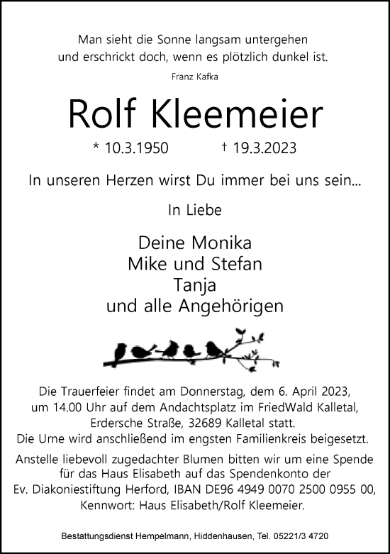 Traueranzeige von Rolf Kleemeier von Neue Westfälische