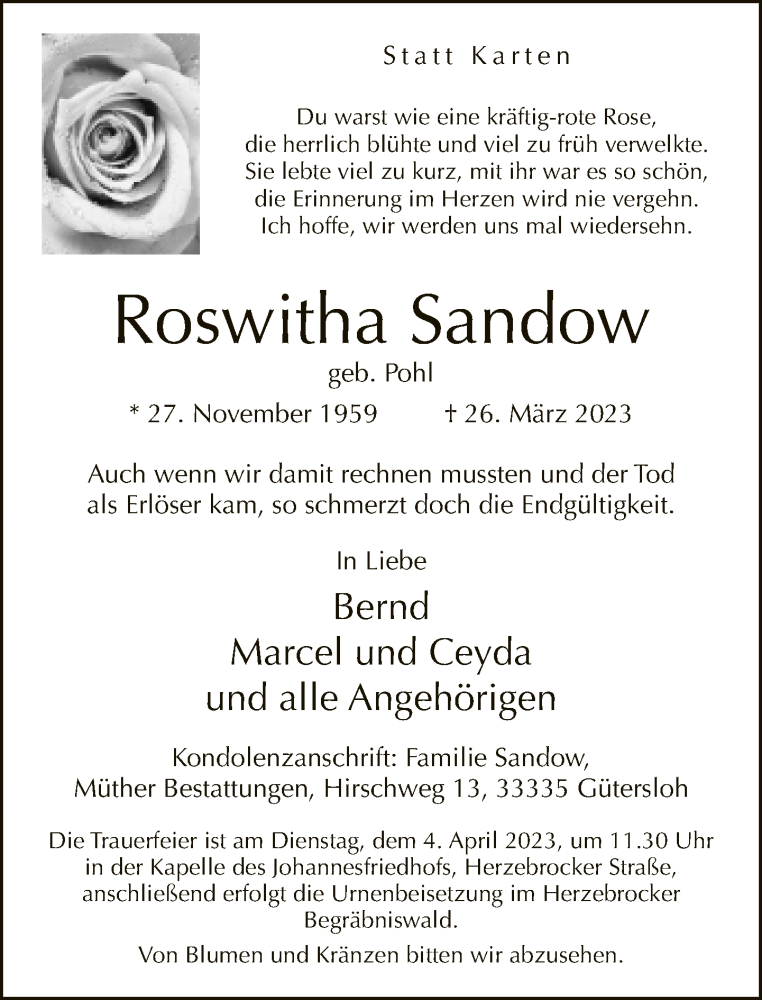  Traueranzeige für Roswitha Sandow vom 31.03.2023 aus Neue Westfälische