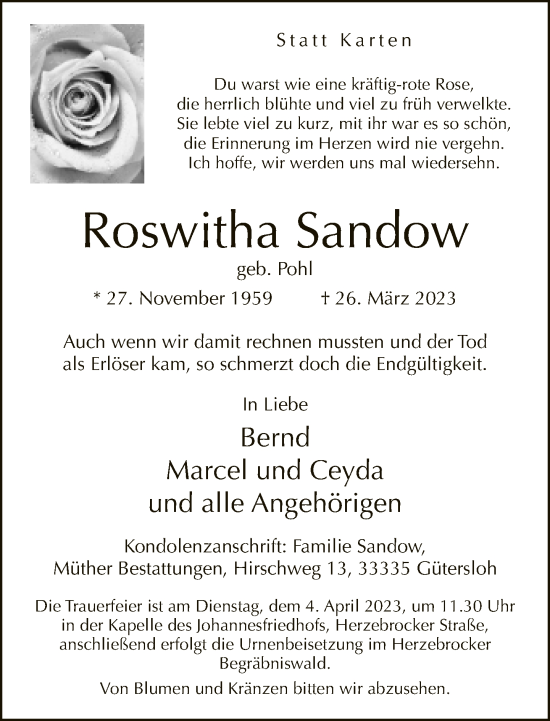 Traueranzeige von Roswitha Sandow von Neue Westfälische