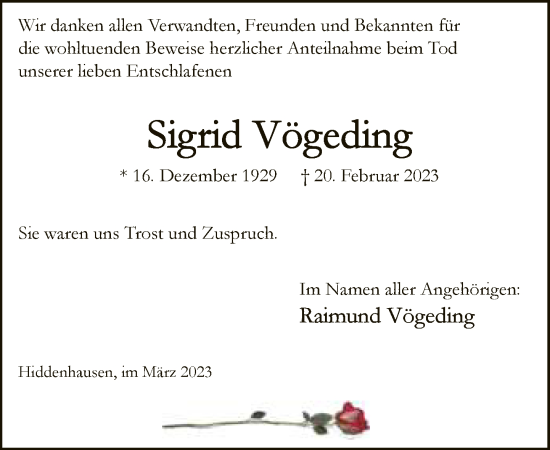 Traueranzeige von Sigrid Vögeding von Neue Westfälische