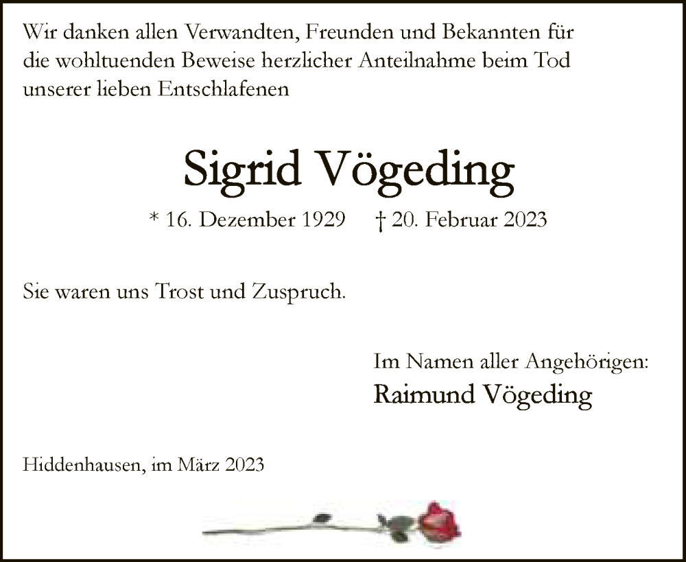  Traueranzeige für Sigrid Vögeding vom 17.03.2023 aus Neue Westfälische