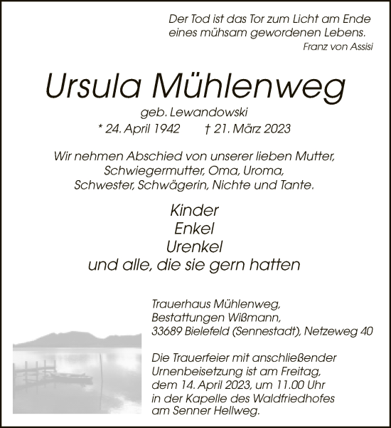 Traueranzeige von Ursula Mühlenweg von Neue Westfälische