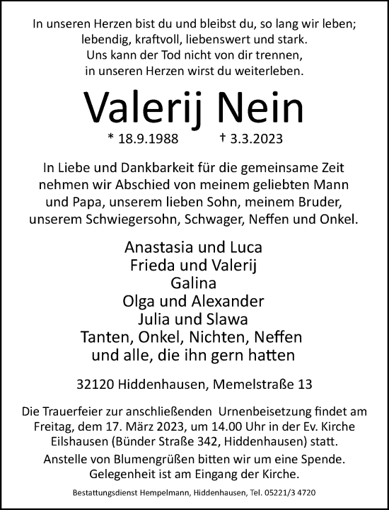 Traueranzeige von Valerij Nein von Neue Westfälische