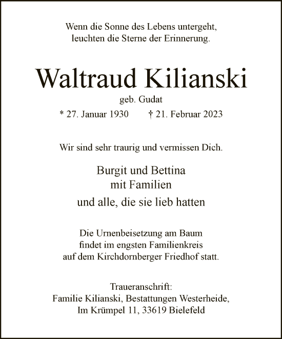 Traueranzeige von Waltraud Kilianski von Neue Westfälische