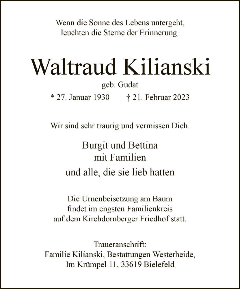  Traueranzeige für Waltraud Kilianski vom 11.03.2023 aus Neue Westfälische